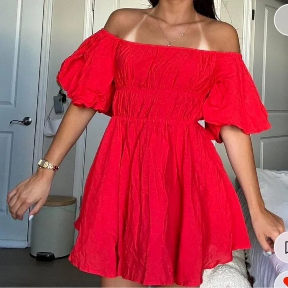 Princess Polly Halton Puff Sleeve Ruched Smock Off Shoulder Mini Dress Red Sz 6